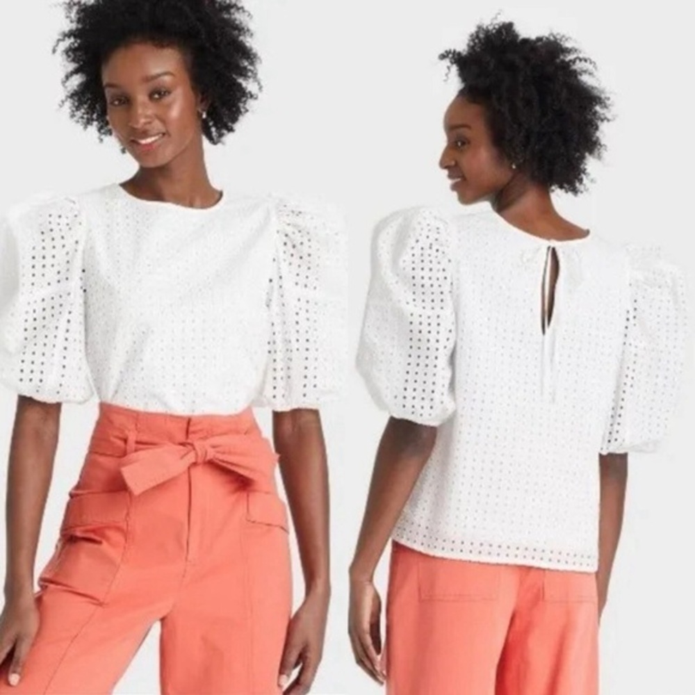 A New Day White eyelet lace Puff Sleeve Cotton Top Size Small
